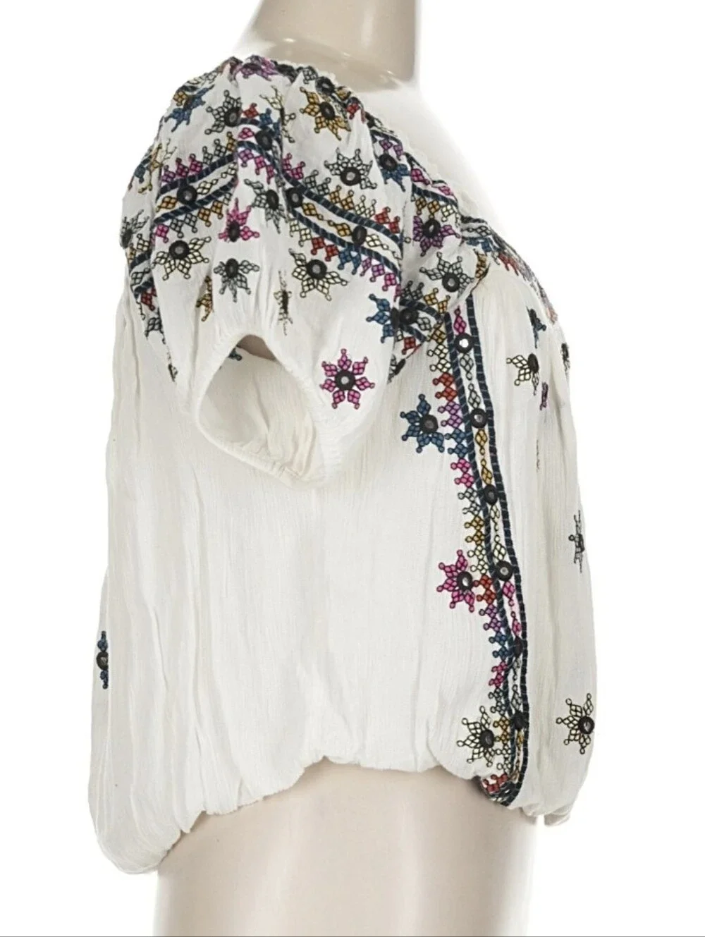 Free People Ivory Embroidered Boho Square-Neck Puff Sleeve Top